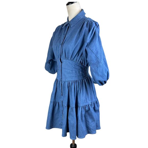 Petal + Pup Francis Denim Gathered Balloon Sleeve Tiered Flare Mini Dress - Picture 6 of 16